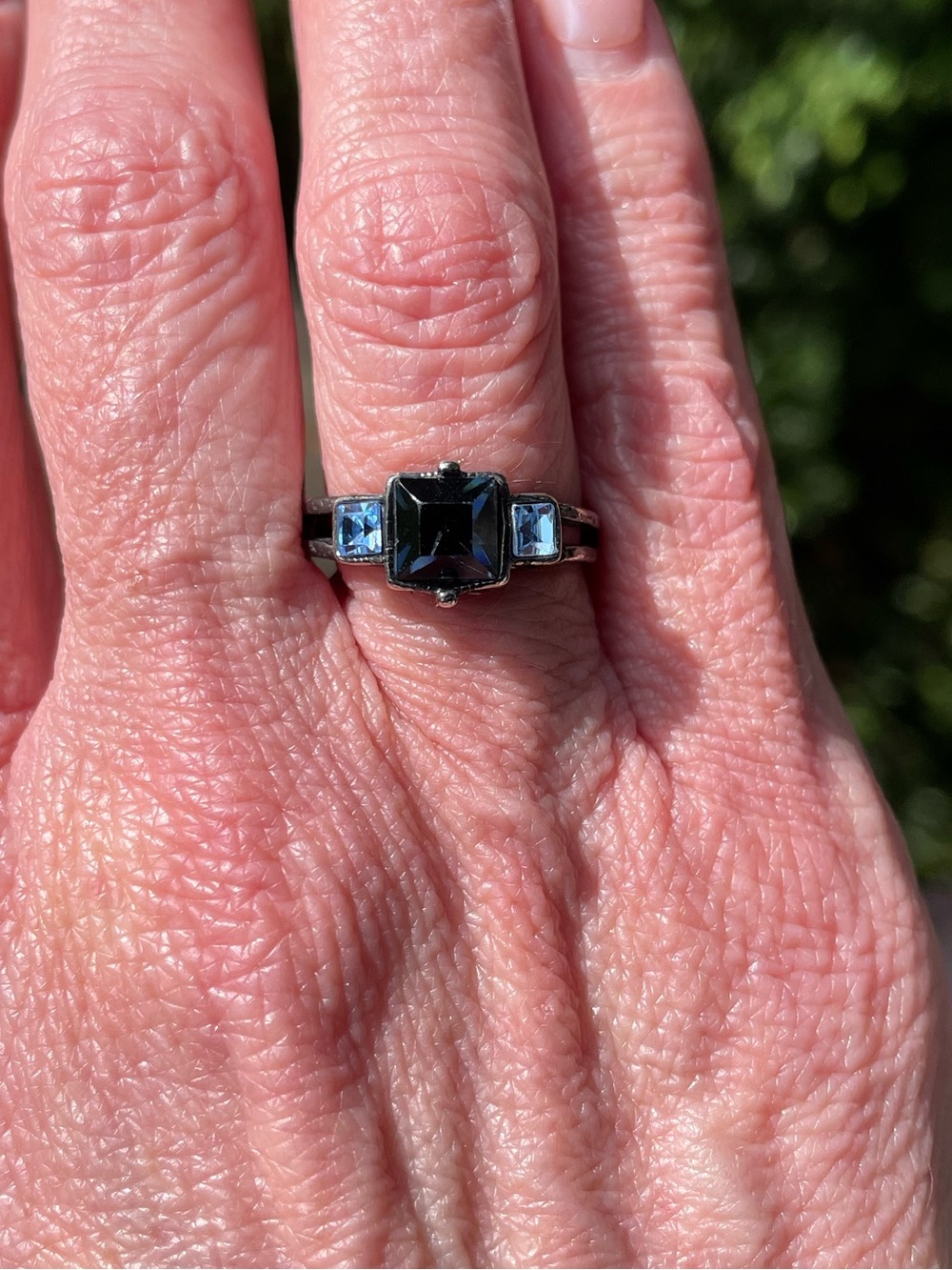 Elegant Cocktail Ring with Dark and Light Blue Stones in Dark Metal Finish, 7 - Picture 2 of 12